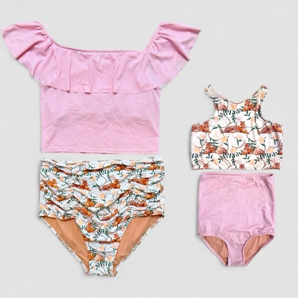 Kortni Jeane Matching Maternity & Girls Swimsuit Bundle Tigers + Pink, Sz. L, 5 - Picture 1 of 11